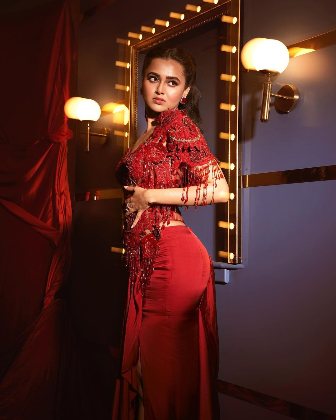 Hot Sexy Tejasswi Prakash Flaunt Body In Red Dress Shows Body Parts In