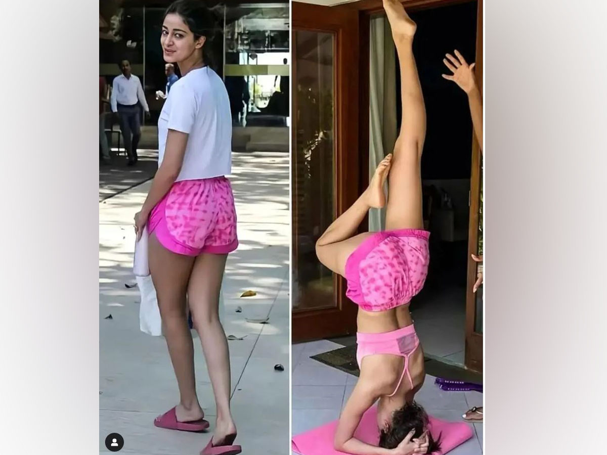 गुलाबी रंग के शॉर्ट में योग करती हुईं अनन्या पांडे (Ananya Pandey)