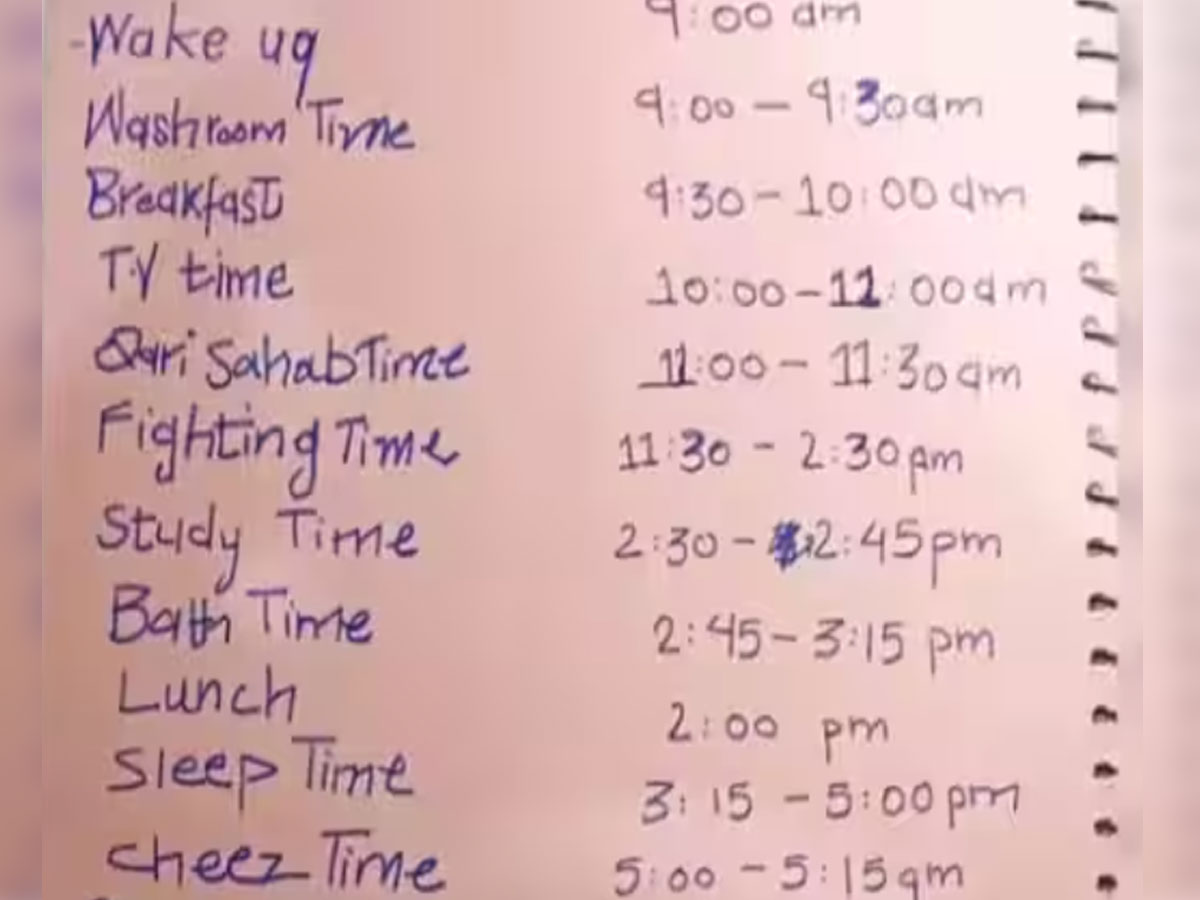 funny time table of 6 year old boy going viral wrote 3 hours to fight 15 minutes to study Time