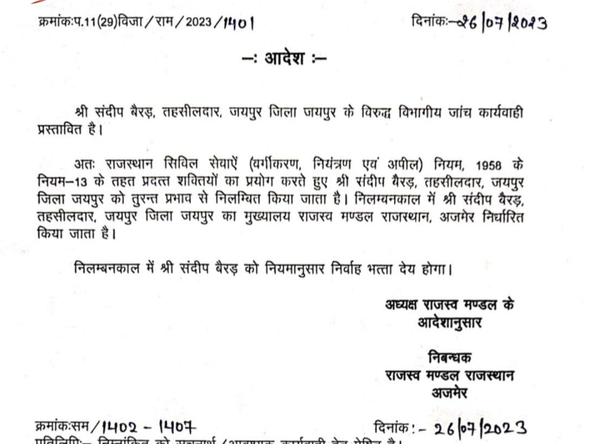 Jaipur news: जयपुर तहसीलदार संदीप बेरड निलंबित, स्टांप ड्यूटी का राज्य सरकार को हुआ नुकसान