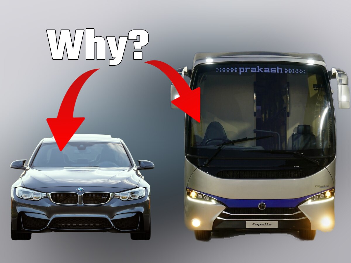 बसों और ट्रकों में सीधी विंडस्क्रीन होती है क्योंकि उन्हें कार की तुलना में अधिक जगह की आवश्यकता होती है, सीधी विंडस्क्रीन देने से ड्राइवर के पास ज्यादा जगह बन पाती है.