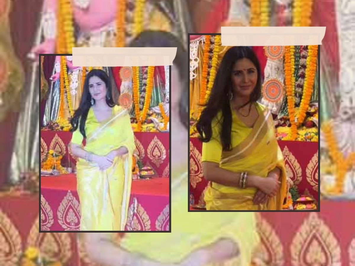 पीली साड़ी, हाथों में कंगन और कानों में झुमके...Durga Puja में आते ही छा गईं Katrina Kaif