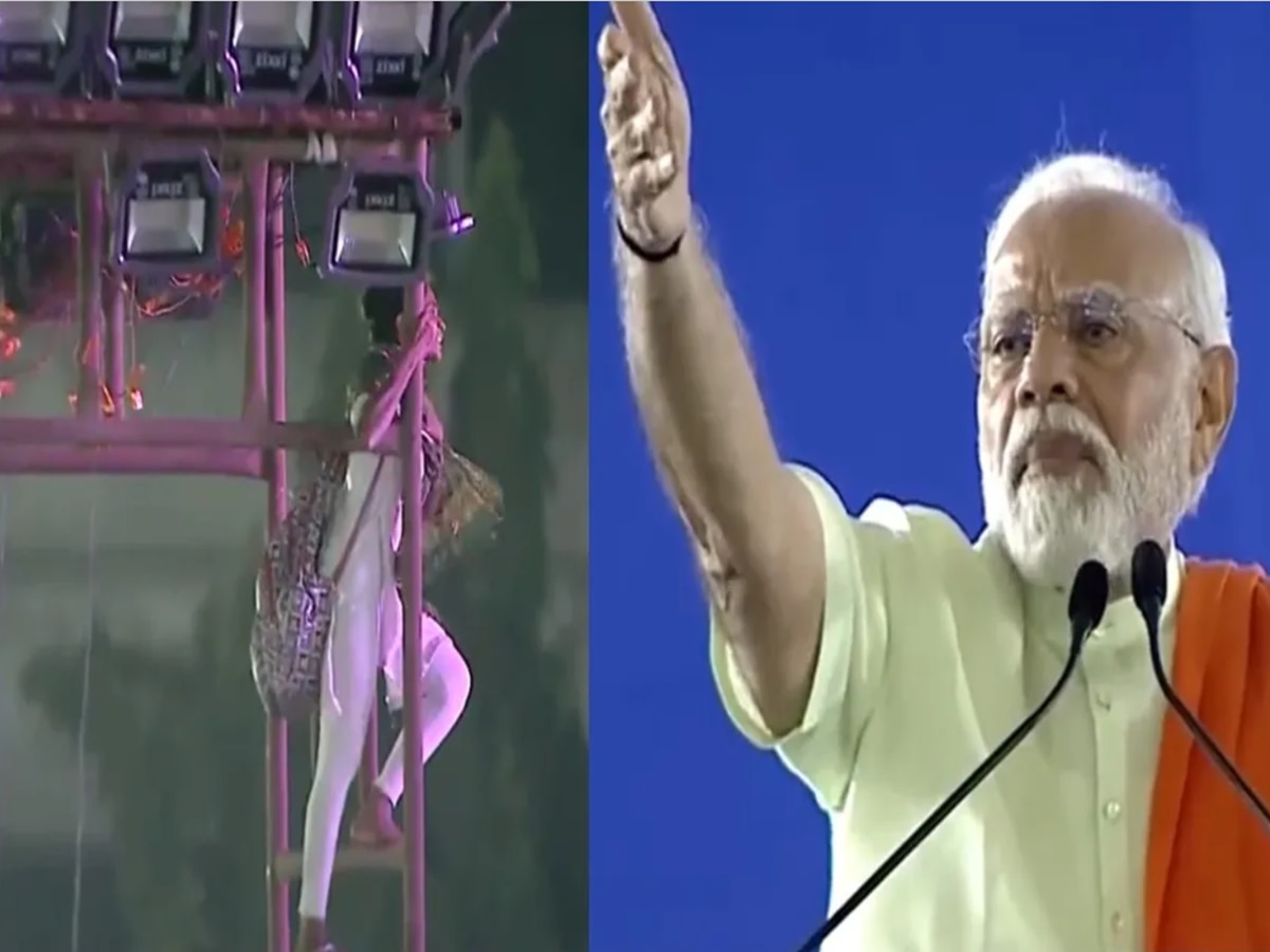 Girl climbed light tower During PM Modi rally