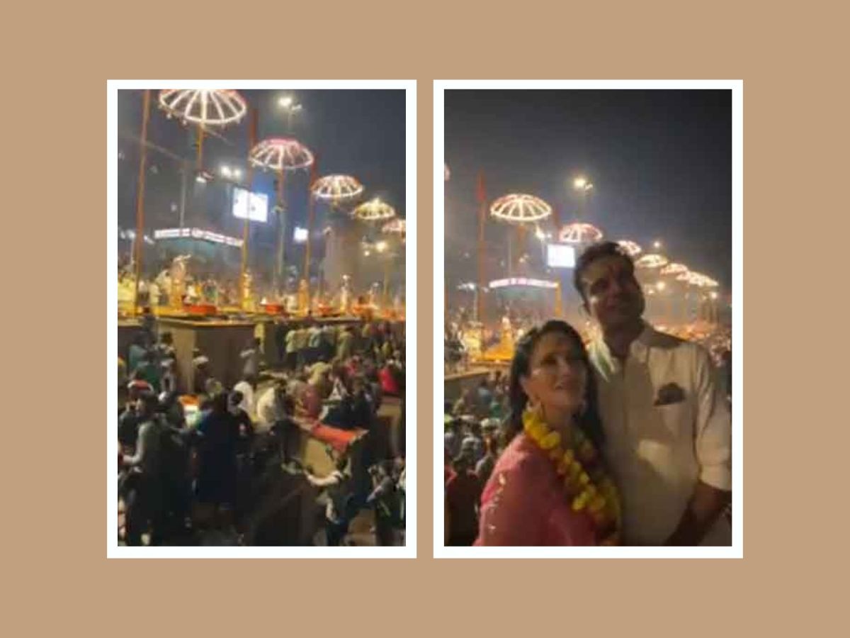 वाराणसी के घाट पर Sunny Leone, गंगा आरती में हुईं शामिल, एक झलक पाने के लिए उमड़ी भीड़