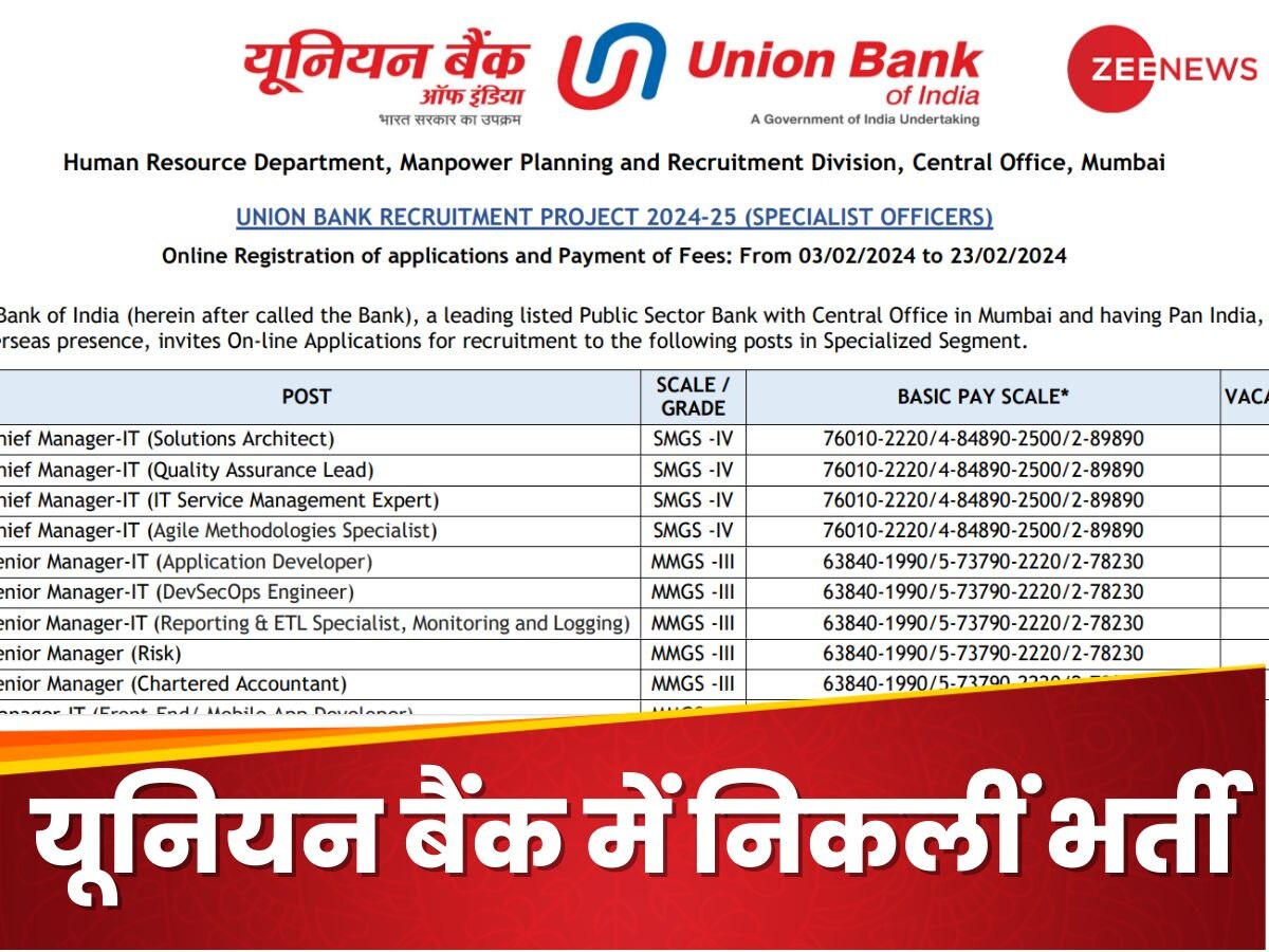 Bank Recruitment 2024: यूनियन बैंक में निकलीं भर्ती, इस डायरेक्ट लिंक से 23 फरवरी तक करें आवेदन