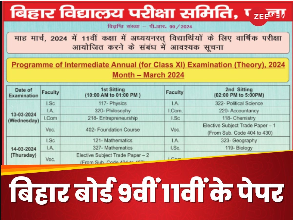 BSEB Bihar Board: बिहार बोर्ड ने जारी की कक्षा 9, 11 की डेट शीट, 13 मार्च से शुरू होंगे पेपर, ये रहा पूरा शेड्यूल