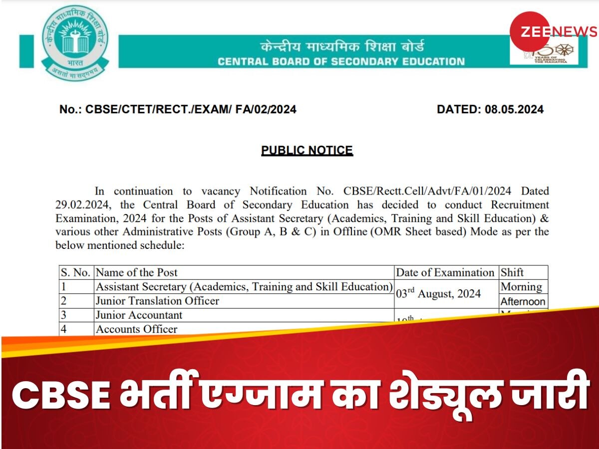 CBSE Recruitment Exam Date 2024: सीबीएसई भर्ती 2024 के एग्जाम की तारीख जारी, ये रहा पूरा शेड्यूल