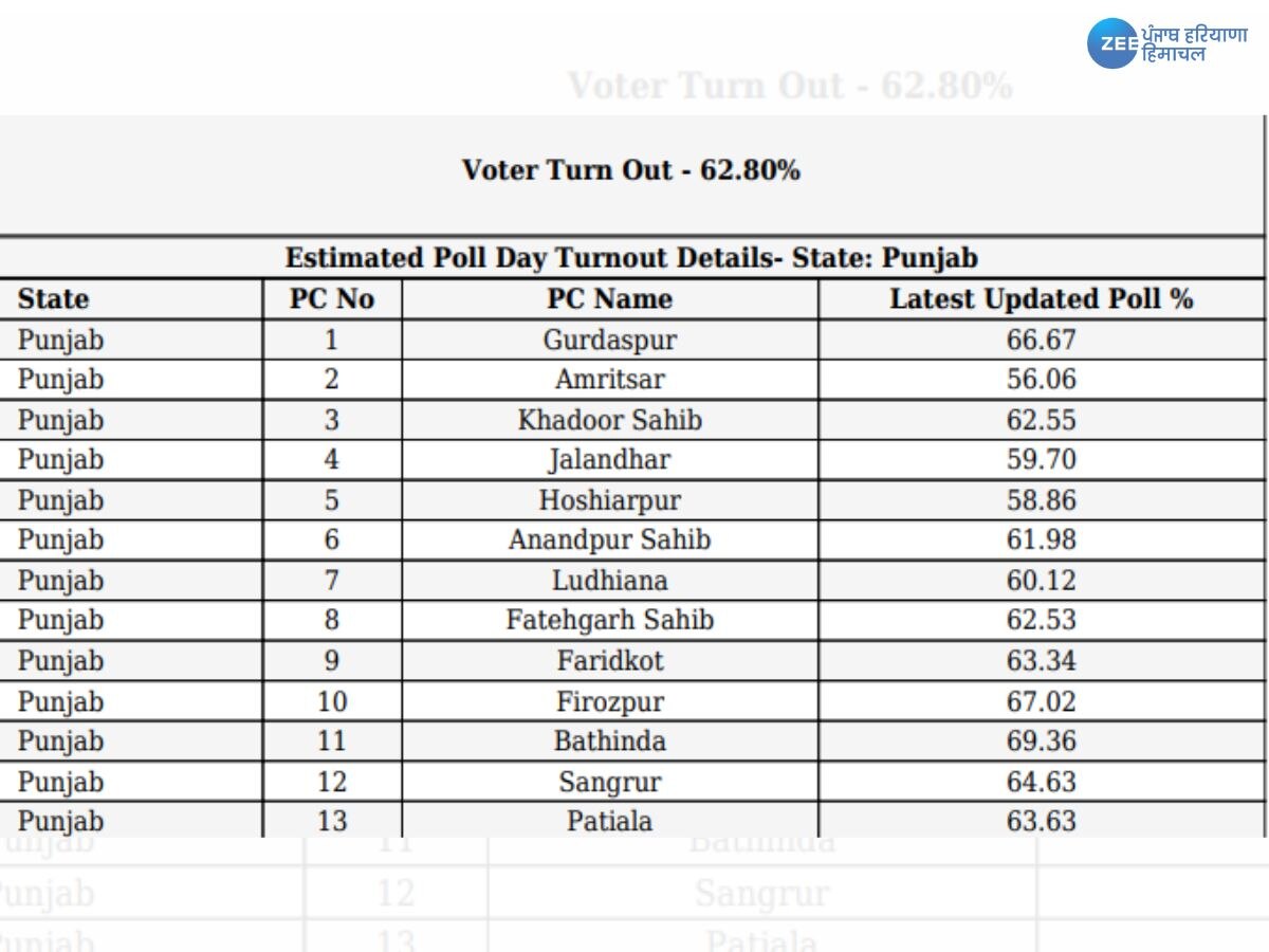 Lok Sabha elections: ਲੋਕ ਸਭਾ ਚੋਣਾਂ ਲਈ ਪੰਜਾਬ 'ਚ 62.80 ਫ਼ੀਸਦੀ ਵੋਟਿੰਗ ਹੋਈ