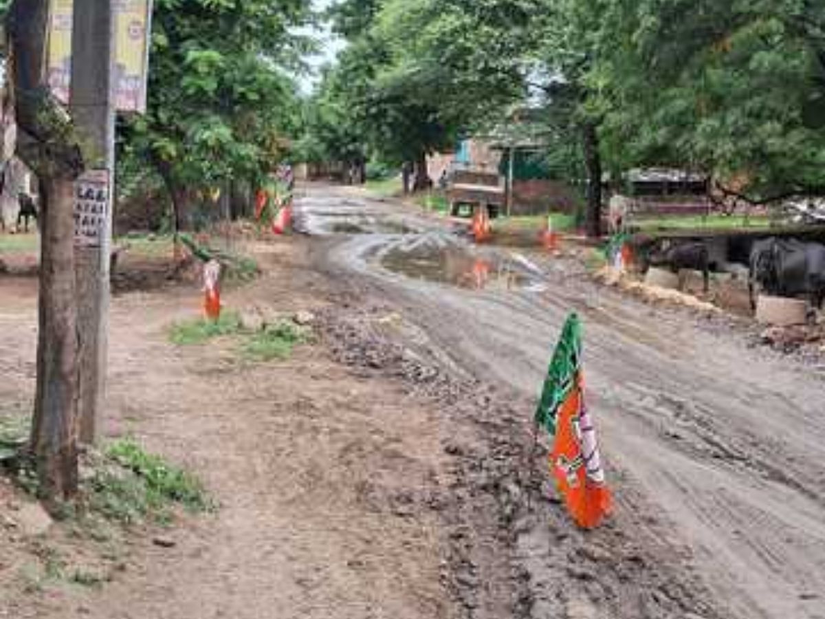 Pratapgarh News: सड़क पर कीचड़ में लगाई गई भाजपा की झंडियां, हरकत में आया प्रशासन