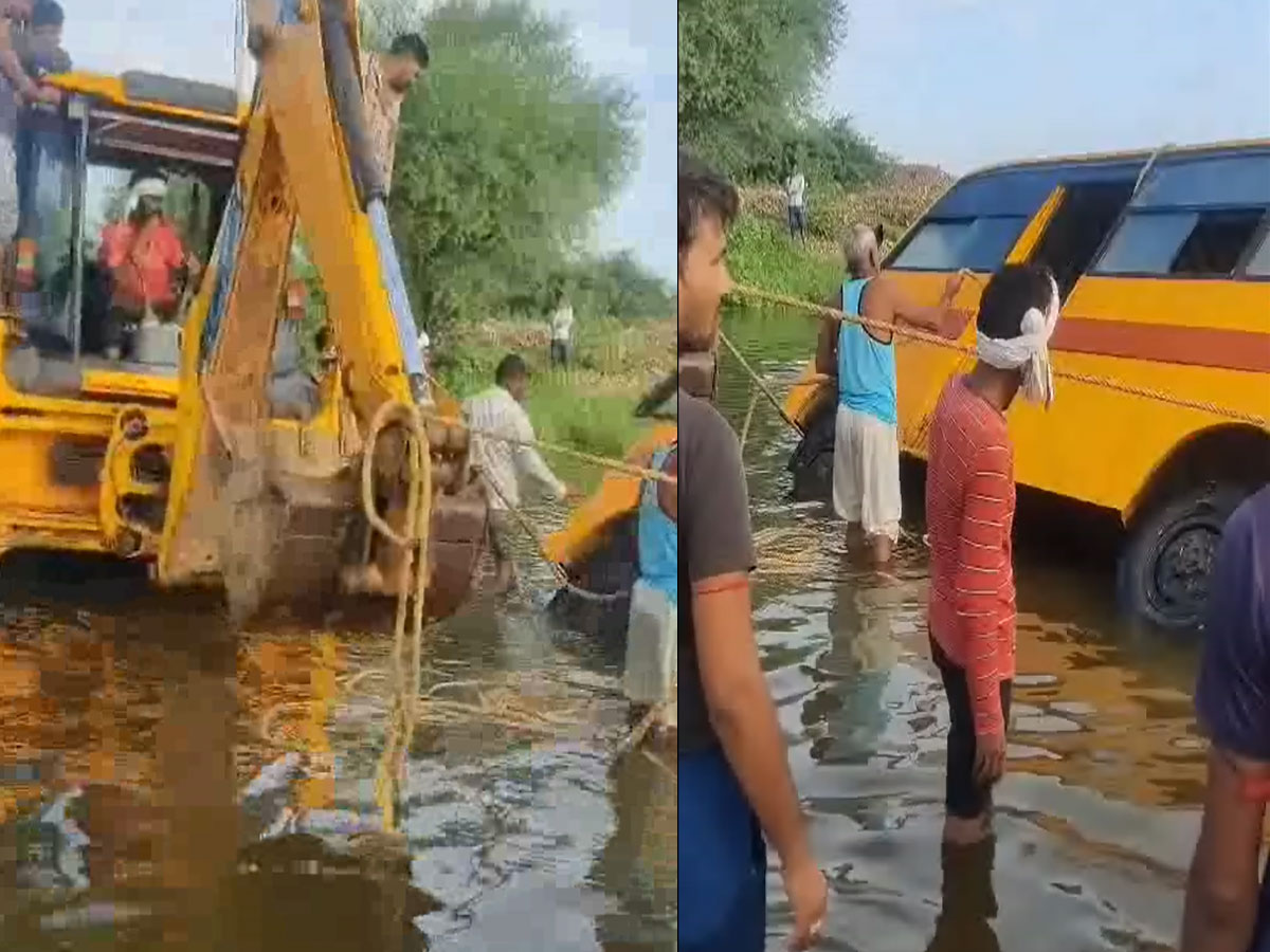jaipur news School bus overturned in deep drain in Kotputli see accident photos
