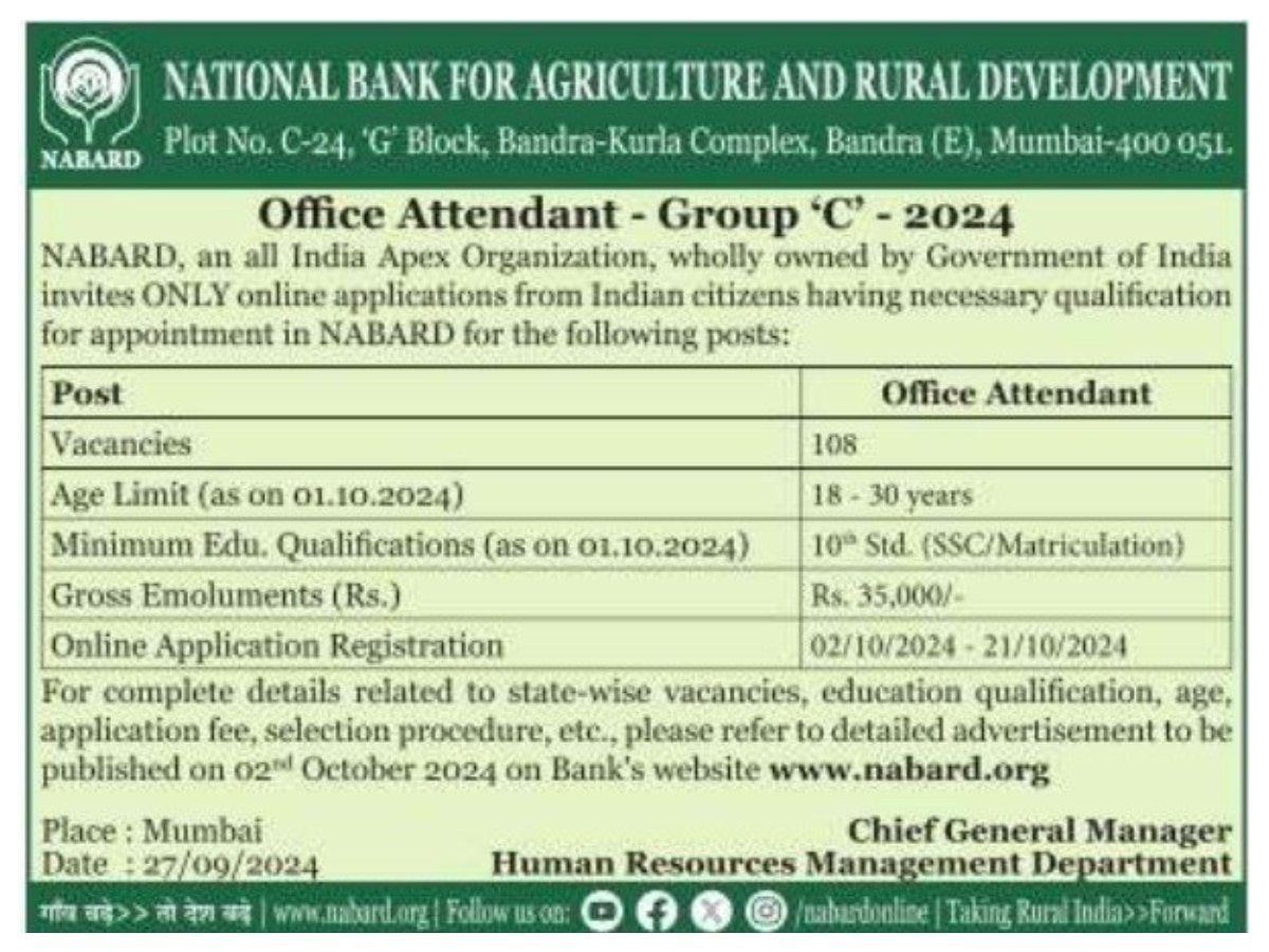 NABARD Recruitment 2024: नाबार्ड ने 10वीं पास उम्मीदवारों के लिए 108 रिक्तियों की घोषणा की, चेक करें