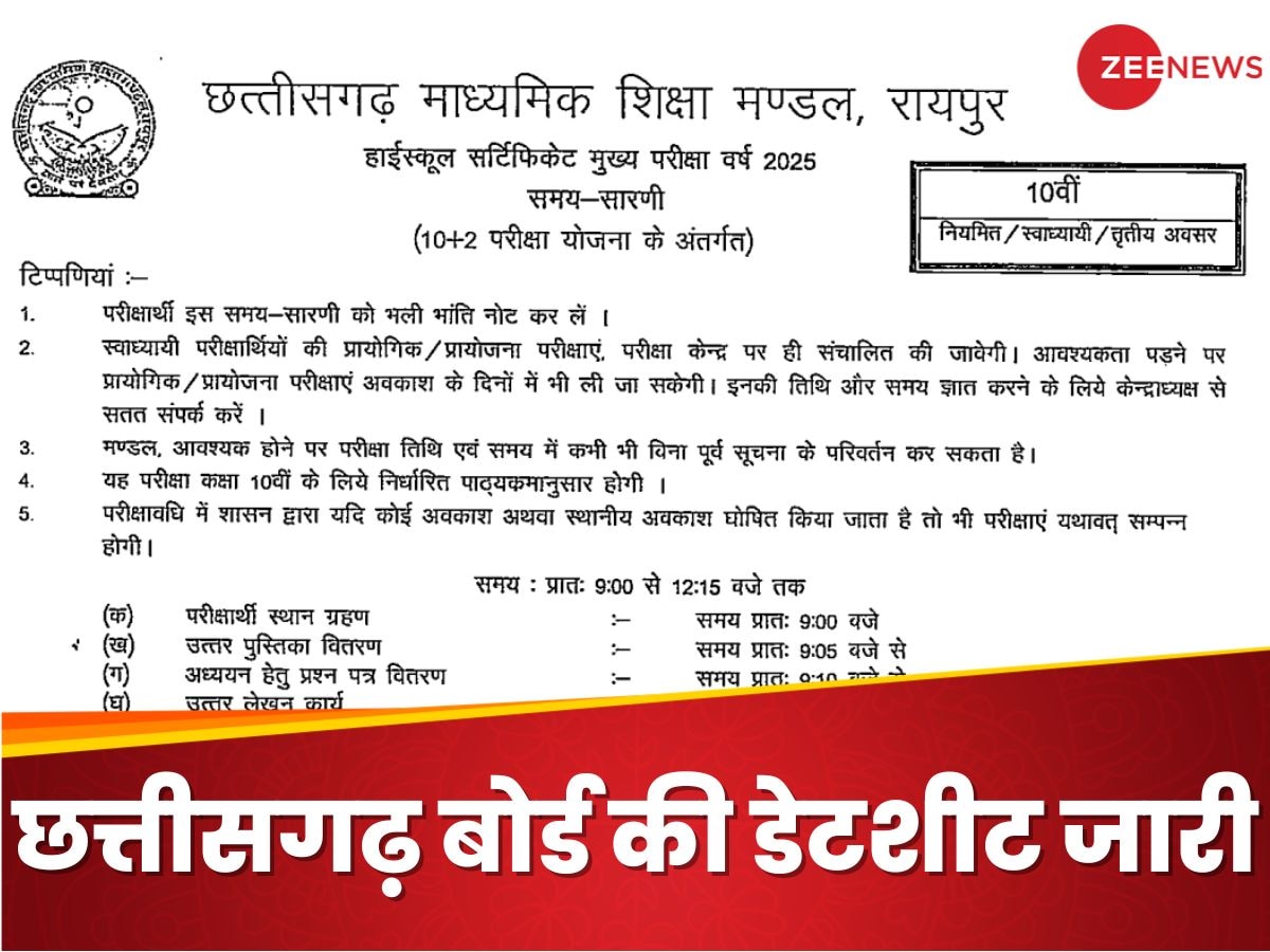 CGBSE Board 2024: छत्तीसगढ़ बोर्ड 10वीं 12वीं की डेटशीट जारी, चेक कर लीजिए डेट-टाइम समेत अपना पूरा शेड्यूल