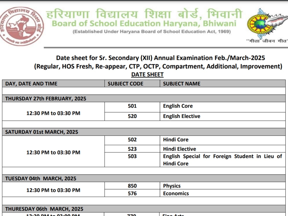 HBSE Haryana Board Exams 2025: हरियाणा बोर्ड 10वीं 12वीं की डेटशीट जारी, कब किसका होगा पेपर कर लीजिए चेक