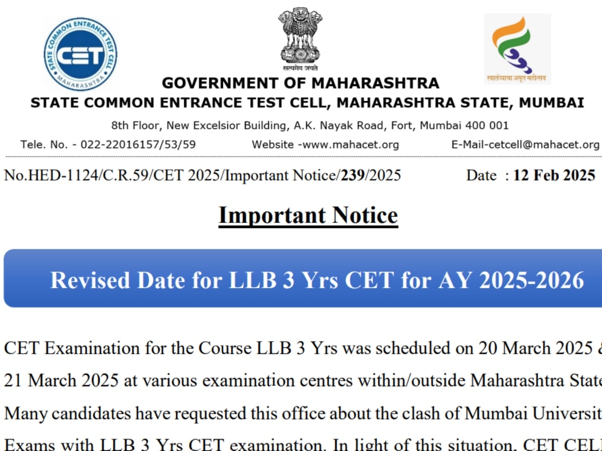 MAH LLB 3 yrs CET exam 2025 date revised Check updated schedule here ...