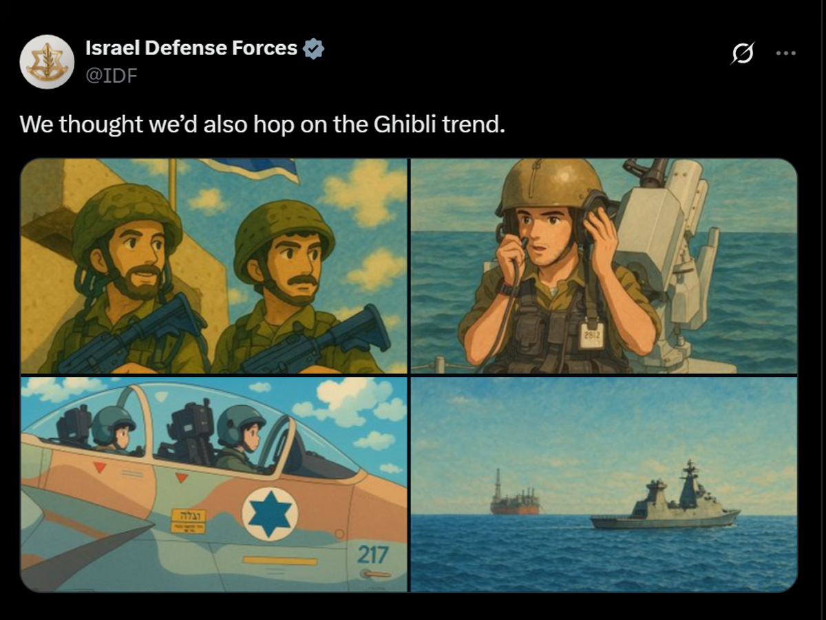 Israeli आर्मी को Ghibli-style तस्वीरें शेयर करना पड़ गया भारी, लोगों ने लिया आड़े हाथों Israeli आर्मी को Ghibli-style तस्वीरें शेयर करना पड़ गया भारी, लोगों ने लिया आड़े हाथों