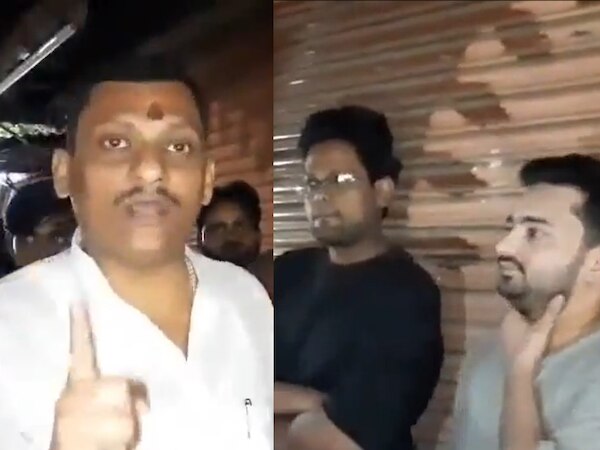 हिंदूवादी नेता (बाएं) ने मुस्लिम युवकों को चाय की दुकान से भगाया