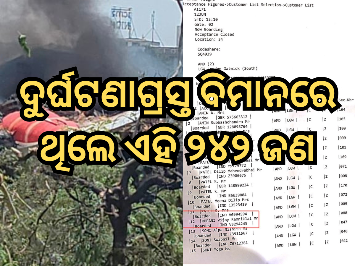 Ahmedabad Plane Crash: ଦୁର୍ଘଟଣାଗ୍ରସ୍ତ ବିମାନରେ ଥିଲେ ଏହି ୨୪୨ ଜଣ, ଏଠାରେ ଦେଖନ୍ତୁ ଯାତ୍ରୀ ମାନଙ୍କ ପୂରା ତାଲିକା Ahmedabad Plane Crash: ଦୁର୍ଘଟଣାଗ୍ରସ୍ତ ବିମାନରେ ଥିଲେ ଏହି ୨୪୨ ଜଣ, ଏଠାରେ ଦେଖନ୍ତୁ ଯାତ୍ରୀ ମାନଙ୍କ ପୂରା ତାଲିକା