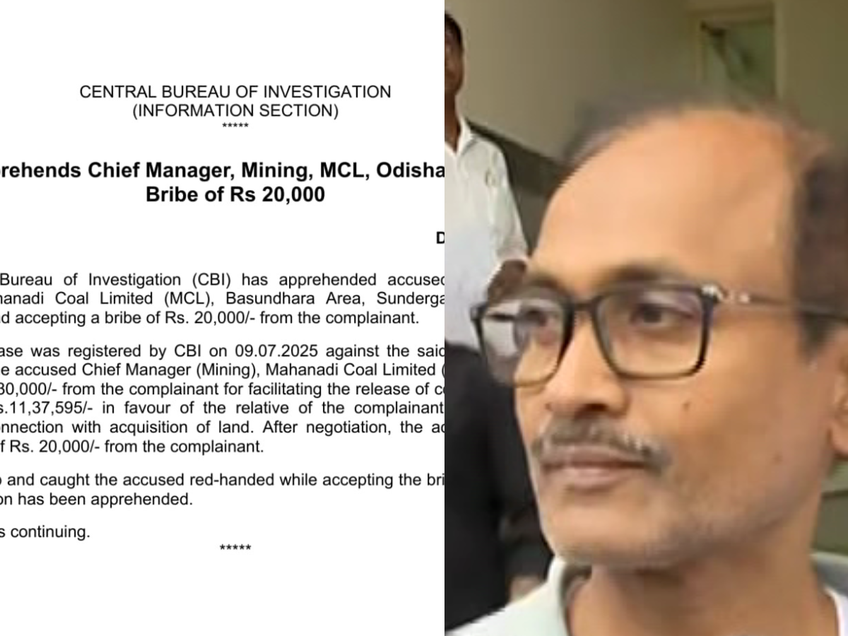 ୨୦ ହଜାର ଟଙ୍କା ଲାଞ୍ଚ ନେବାବେଳେ MCL ମୁଖ୍ୟ ପରିଚାଳକଙ୍କୁ ଗିରଫ କଲା CBI ୨୦ ହଜାର ଟଙ୍କା ଲାଞ୍ଚ ନେବାବେଳେ MCL ମୁଖ୍ୟ ପରିଚାଳକଙ୍କୁ ଗିରଫ କଲା CBI