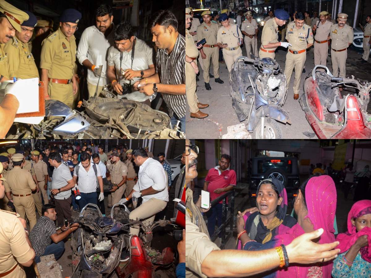 कानपुर में मस्जिद के बाहर विस्फोट के बाद जांच के करते अधिकारी कानपुर में मस्जिद के बाहर विस्फोट के बाद जांच के करते अधिकारी