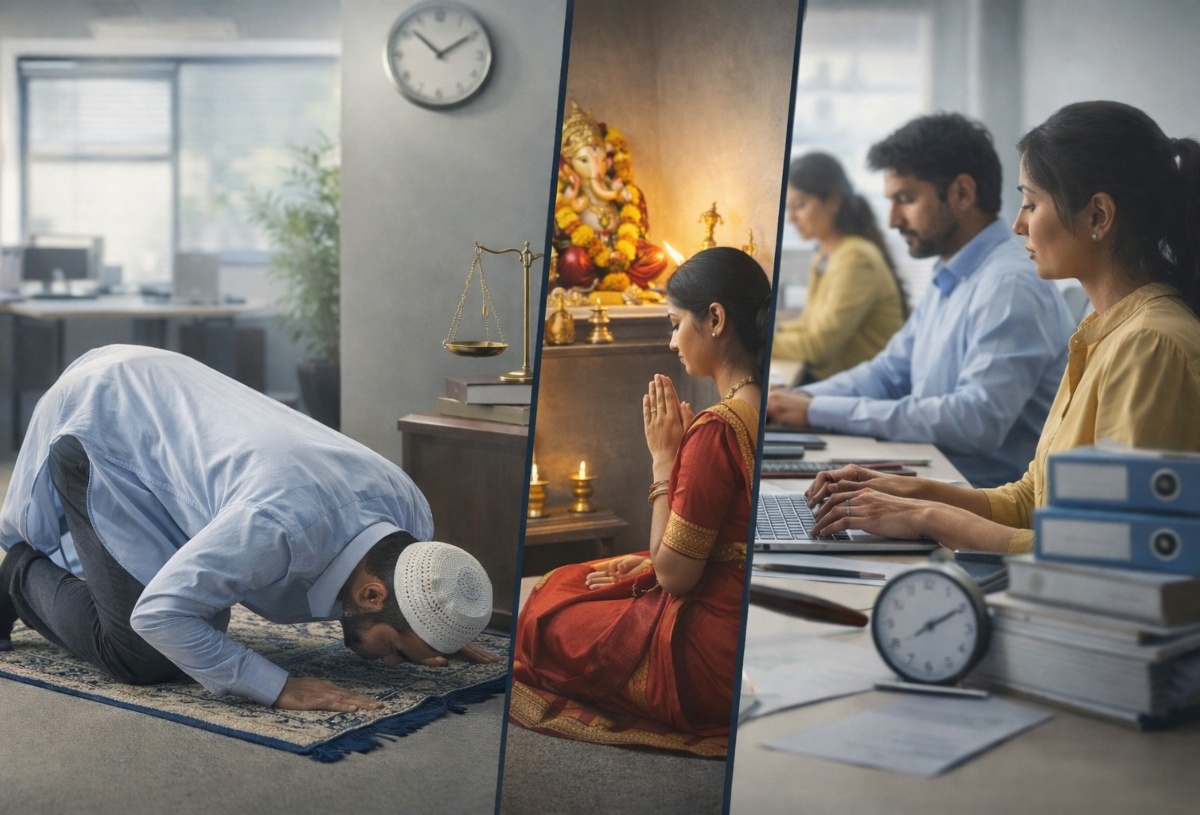 कार्यस्थल पर इबादत या पूजा कितना सही (प्रतीकात्म एआई तस्वीर) कार्यस्थल पर इबादत या पूजा कितना सही (प्रतीकात्म एआई तस्वीर)