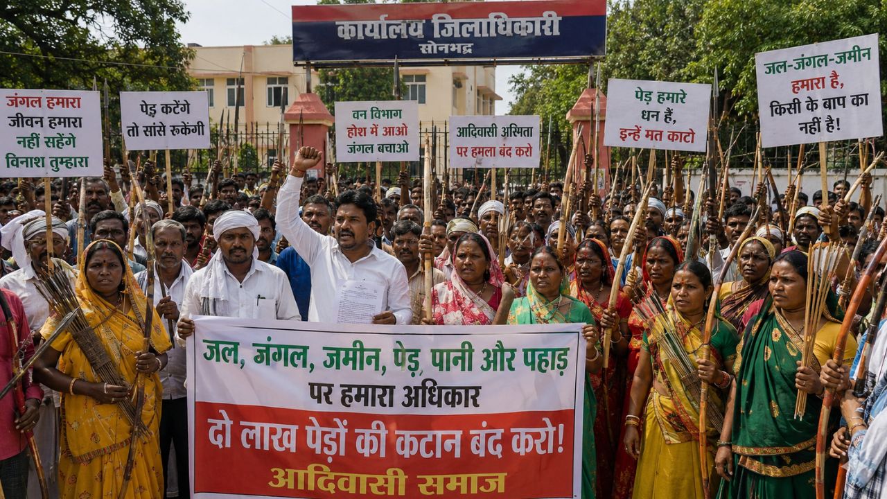 तीर-धनुष और कुदाल लेकर कलेक्ट्रेट को घेरा, 2 लाख पेड़ों को बचाने के लिए आदिवासियों ने भरी हुंकार