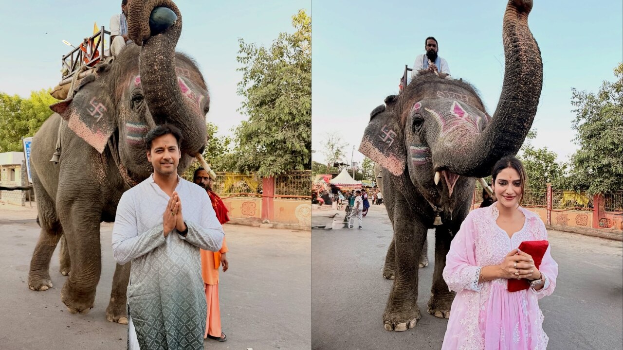 हाथी के सामने खिंचाई फोटो