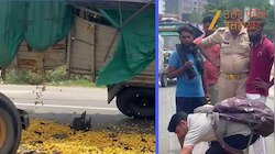 ट्राले से टक्कर के बाद पलटे ट्रक से हाईवे पर खजूर की बाढ़... पुलिस के सामने थैले भर-भरकर ले जाते दिखे लोग