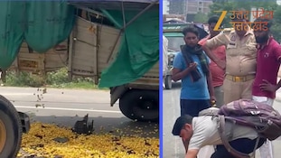 ट्राले से टक्कर के बाद पलटे ट्रक से हाईवे पर खजूर की बाढ़... पुलिस के सामने थैले भर-भरकर ले जाते दिखे लोग