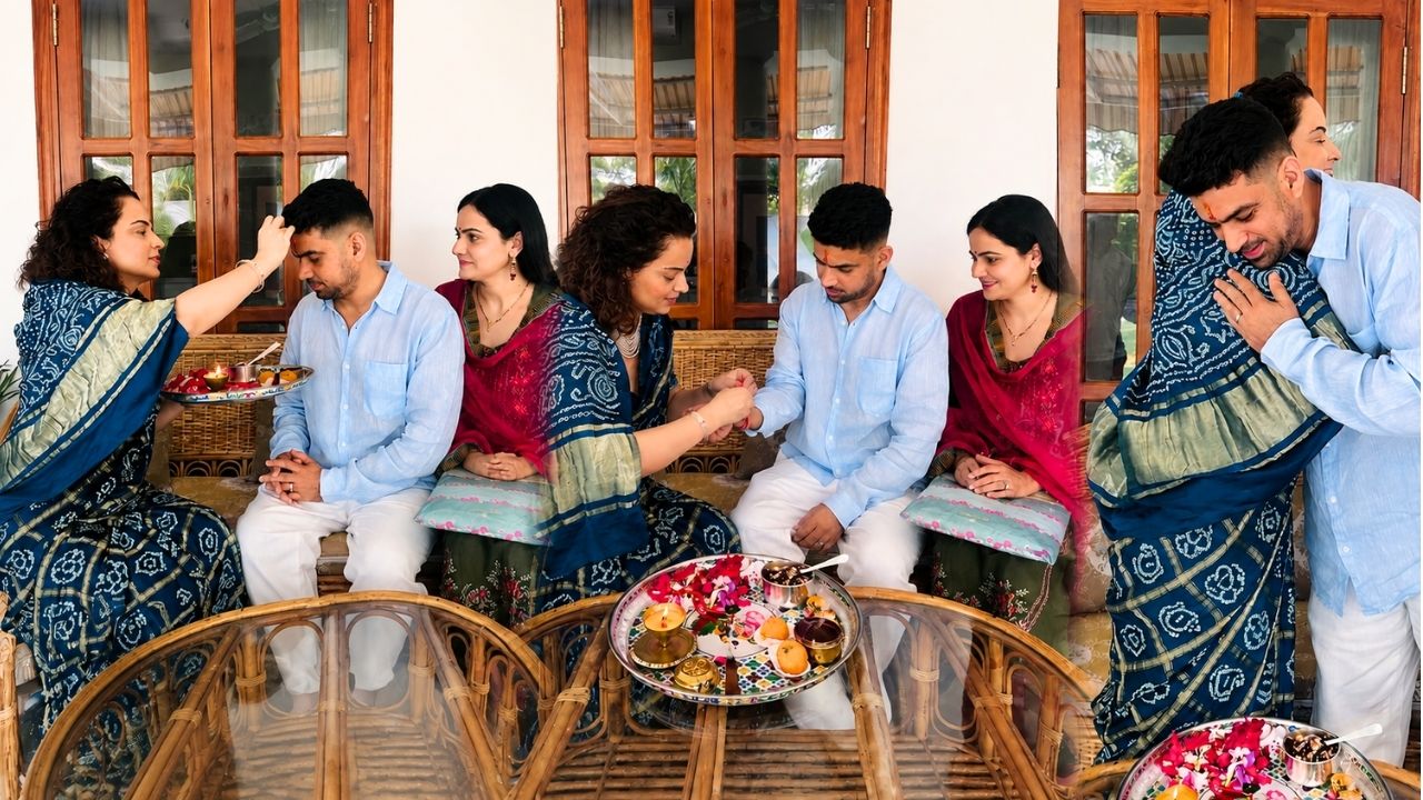 ब्लू साड़ी में हाथों में थाली लिए कंगना रनौत का रक्षाबंधन सेलिब्रेशन... भाई के लिए दिखा अटूट प्यार; बोलीं- ‘तुम में माता-पिता की छवि दिखती है...’