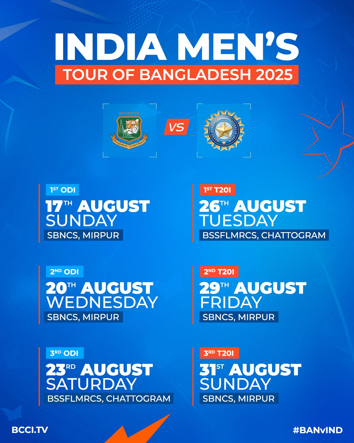India tour of Bangladesh Schedule 2025