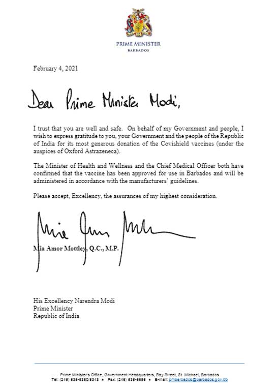 Barbados PM Mia Amor Mottley Letter