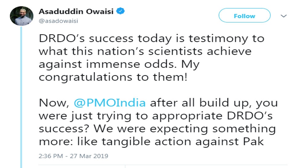 Asaduddin Owaisi hails scientists on Mission Shakti; attacks Narendra Modi 