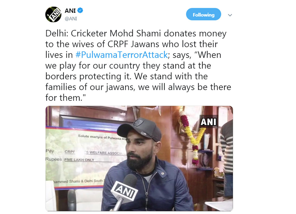 Mohammed Shami donates for Pulwama martyr widows