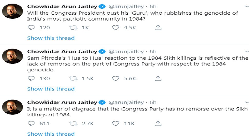 Will Rahul Gandhi oust his &#039;guru&#039; Pitroda for anti-Sikh remark, asks Arun Jaitley
