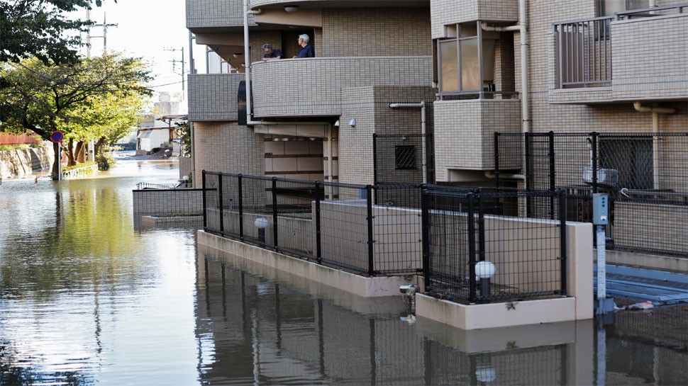 flooded residential area due to Typhoon Hagibis, in Kawasaki, Japan
