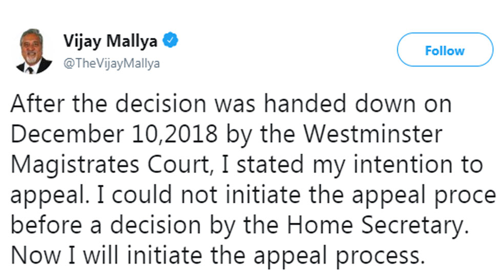 Vijay Mallya tweet after order to extradite by britain Government