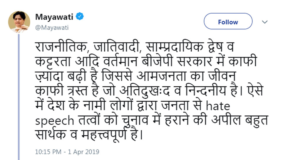 Mayawati tweet and say No More is the noise for Modi Government