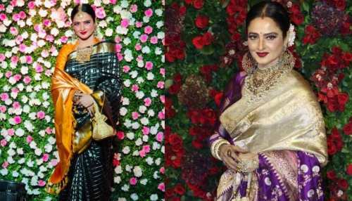  Rekha beautiful looks in silk saree with red lips on her Birthday