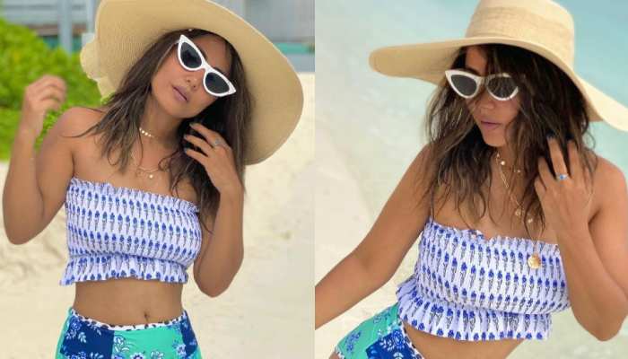Hina Khan in blue outfit on maldives beach