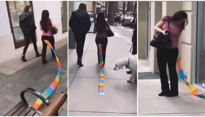 prank video friend sticks paper craft on woman jeans funny video goes viral | Prank Video: दोस्त के कारण सड़क पर बना तमाशा, पूंछ लेकर टहलती रही महिला | Hindi News, जरा हटके prank video friend sticks paper craft on woman jeans funny video goes viral | Prank Video: दोस्त के कारण सड़क पर बना तमाशा, पूंछ लेकर टहलती रही महिला | Hindi News, जरा हटके