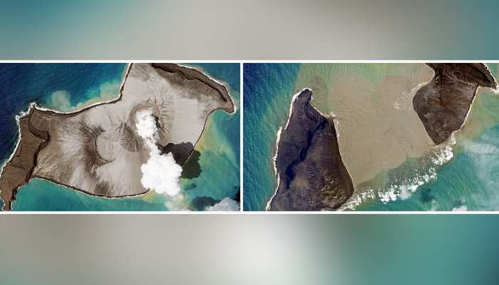 ज्‍वालामुखी फटने से दो भागों बंट गया आइलैंड, सामने आईं एर‍ियल व्‍यू की तस्‍वीरें 