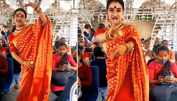 Mumbai Local Train: Transgender celebrity dance on Kacha Badam wearing a sari | ट्रांसजेंडर सेलिब्रिटी ने साड़ी पहनकर Kacha Badam पर किया ऐसा डांस, निहारते रह गए लोकल ट्रेन में ...