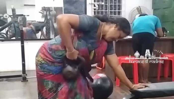 woman wearing saree working out in gym 56 year of old her video