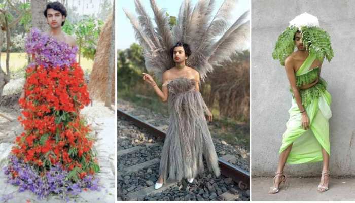 Neel ranaut vellage social media influencer wears dresses of flowers and leaves