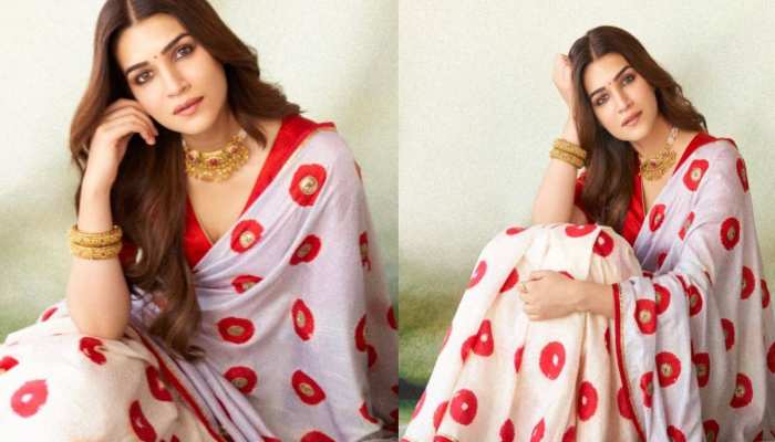 Kriti Sanon Photos: व्हाइट एंड रेड साड़ी में कृति सेनन का सिंपल लुक,देखें Pics