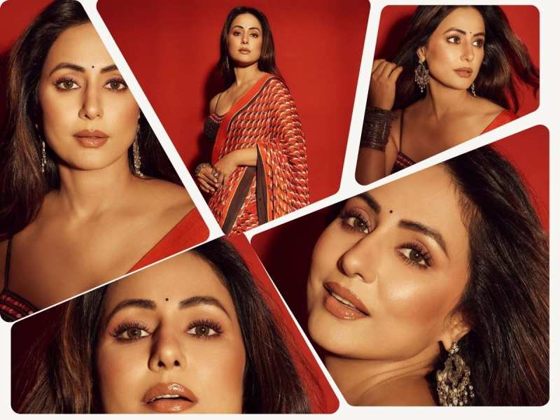 Hina Khan wear red printed saree with low neckline strappy blouse looks raises internet para see photos