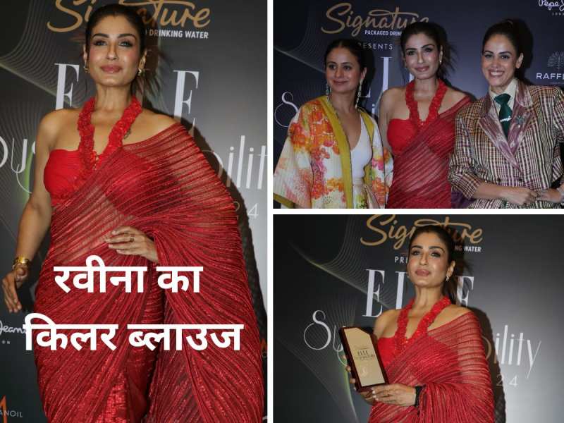 Raveena Tandon sizzling look transparent maroon saree glamorous horizontal blouse at ELLE Sustainability Award