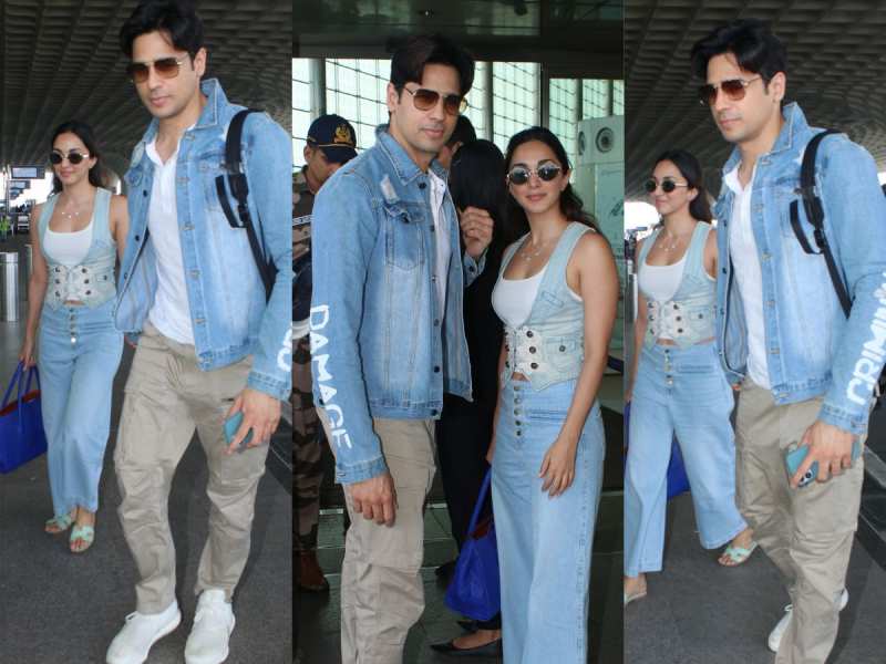 Sidharth Malhotra protects wife Kiara Advani wear matching denim outfits see airport photos