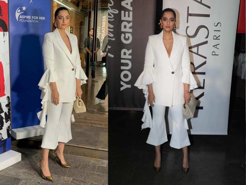Sonam Kapoor ankle length pant with white coat very different look