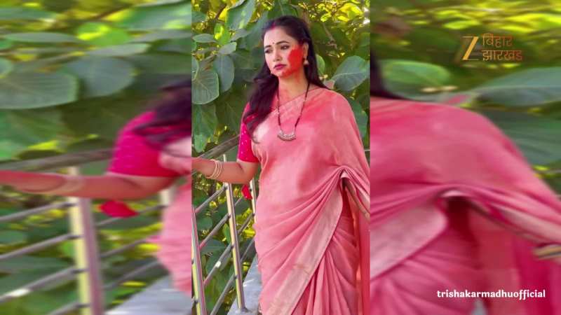 VIDEO: गाल पर गुलाल और साड़ी में लिपटीं दिखीं त्रिशा कर मधु